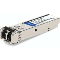Silver AddOn Networks transceiver module with blue label and dual fiber optic ports.
