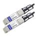 Two AddOn Networks QSFP 100G copper cables, featuring a metallic silver casing, black connectors, and labeled with blue and white identification tags.
