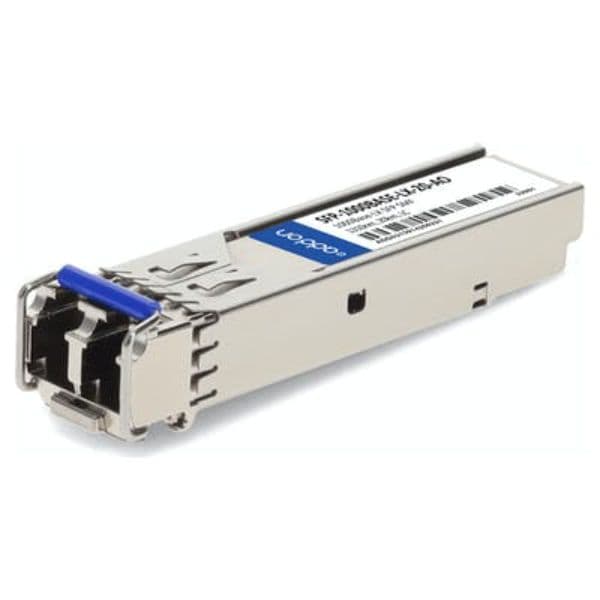 Metallic SFP transceiver module with a blue latch, labeled "AddOn," supporting 1G-LX 1310nm for 20km over single-mode fiber (SMF).