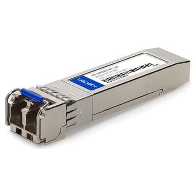 SFP-1000BASE-MX-I-AO network transceiver module with a silver metallic body, featuring a blue latch and dual LC connectors for fiber optic connectivity.