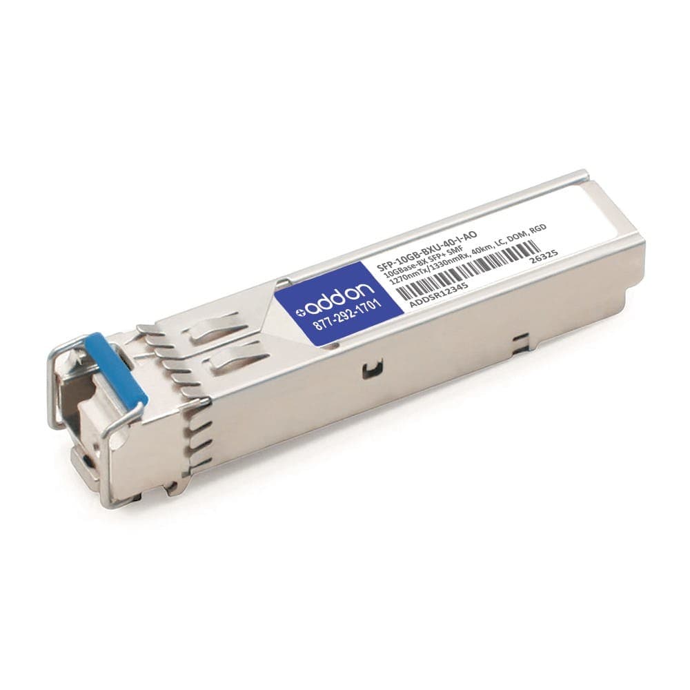 SFP-10GB-BXU-40-I-AO network transceiver module in a silver metal casing with a blue latch, featuring a label with product details and a sleek, compact design.