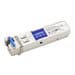 Addon MSA and TAA compliant 1000Base-BX SFP transceiver in a compact silver casing with blue and white labeling, featuring a single-mode fiber connection.
