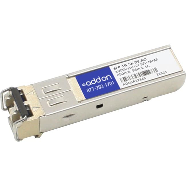 Silver metal SFP transceiver with a black LC connector, labeled "AddOn" with model number "SFP-1G-SX-DE-AO," designed for 1G Ethernet applications, supporting 550m range.