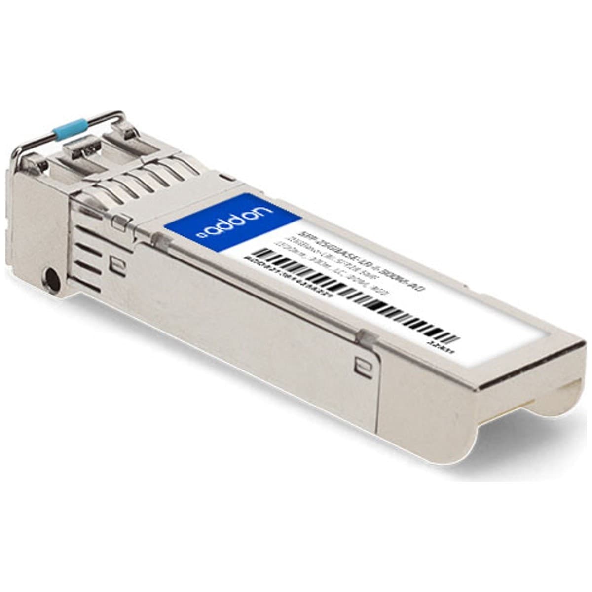 Silver fiber optic transceiver module with a blue latch, labeled with "AddOn" and a barcode, designed for network connectivity.