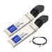 Two AddOn Networks SFP28 transceivers in silver and black, with labels indicating compatibility, accompanied by a short cable for connectivity.