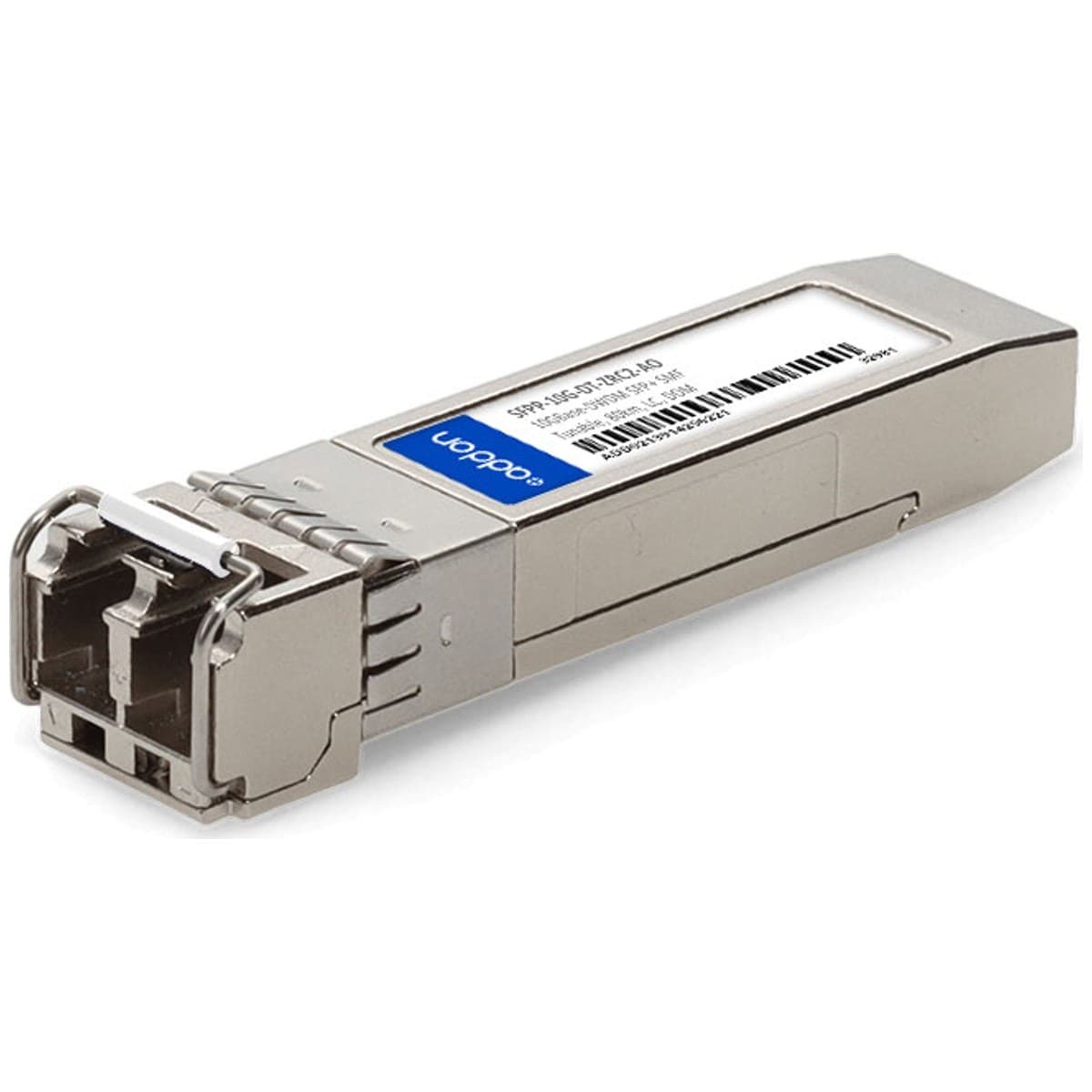 Silver metal network transceiver module with a rectangular shape, featuring dual LC connectors at one end and a blue label with a barcode on the side.
