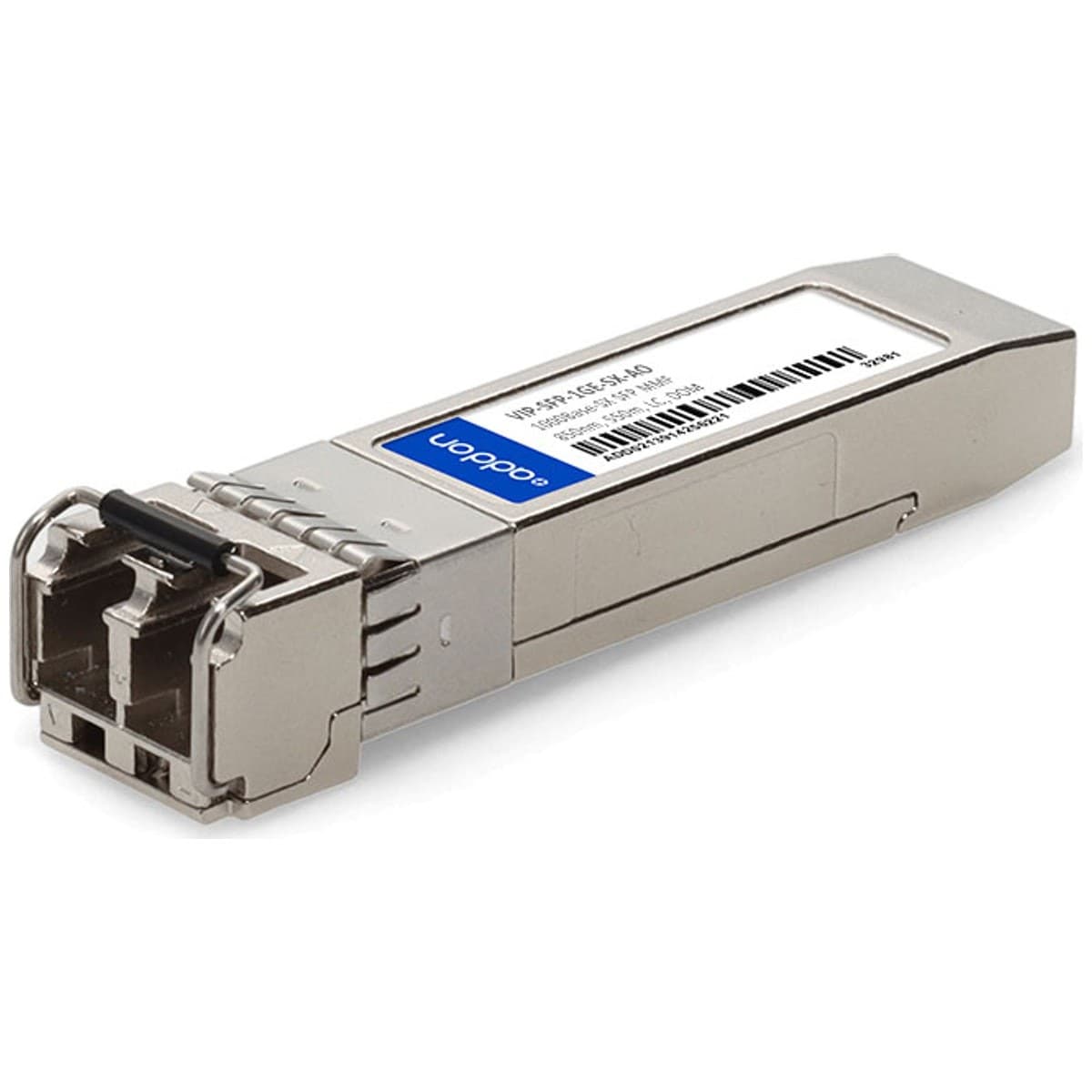 Viptela VIP-SFP-1GE-SX transceiver module in metallic silver, featuring a compact design with a connector end and a blue label with a barcode for identification.