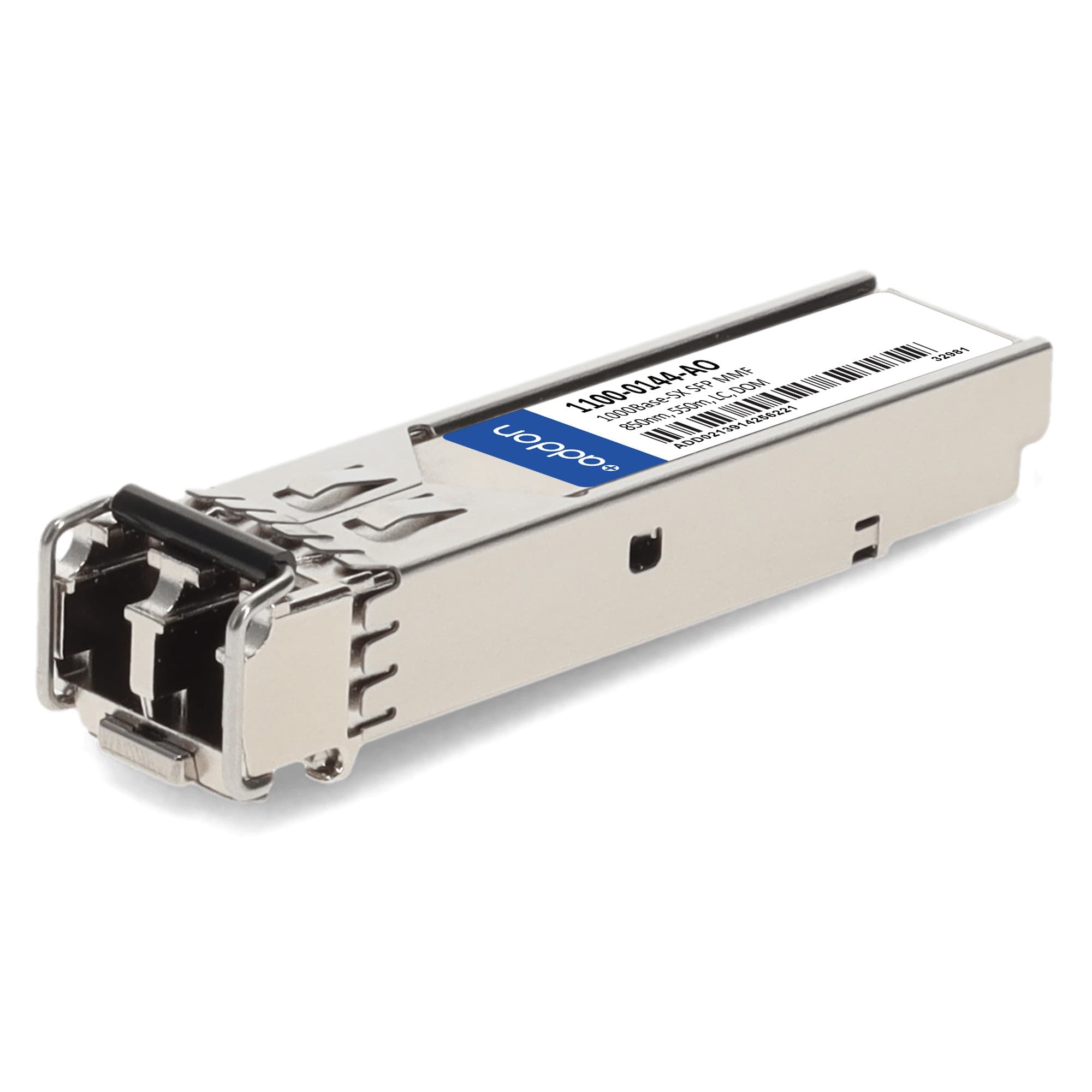 Compatible TAA 1000Base-SX SFP transceiver in silver metal casing, featuring a label with product details and a connector port on one end for fiber optic connections.