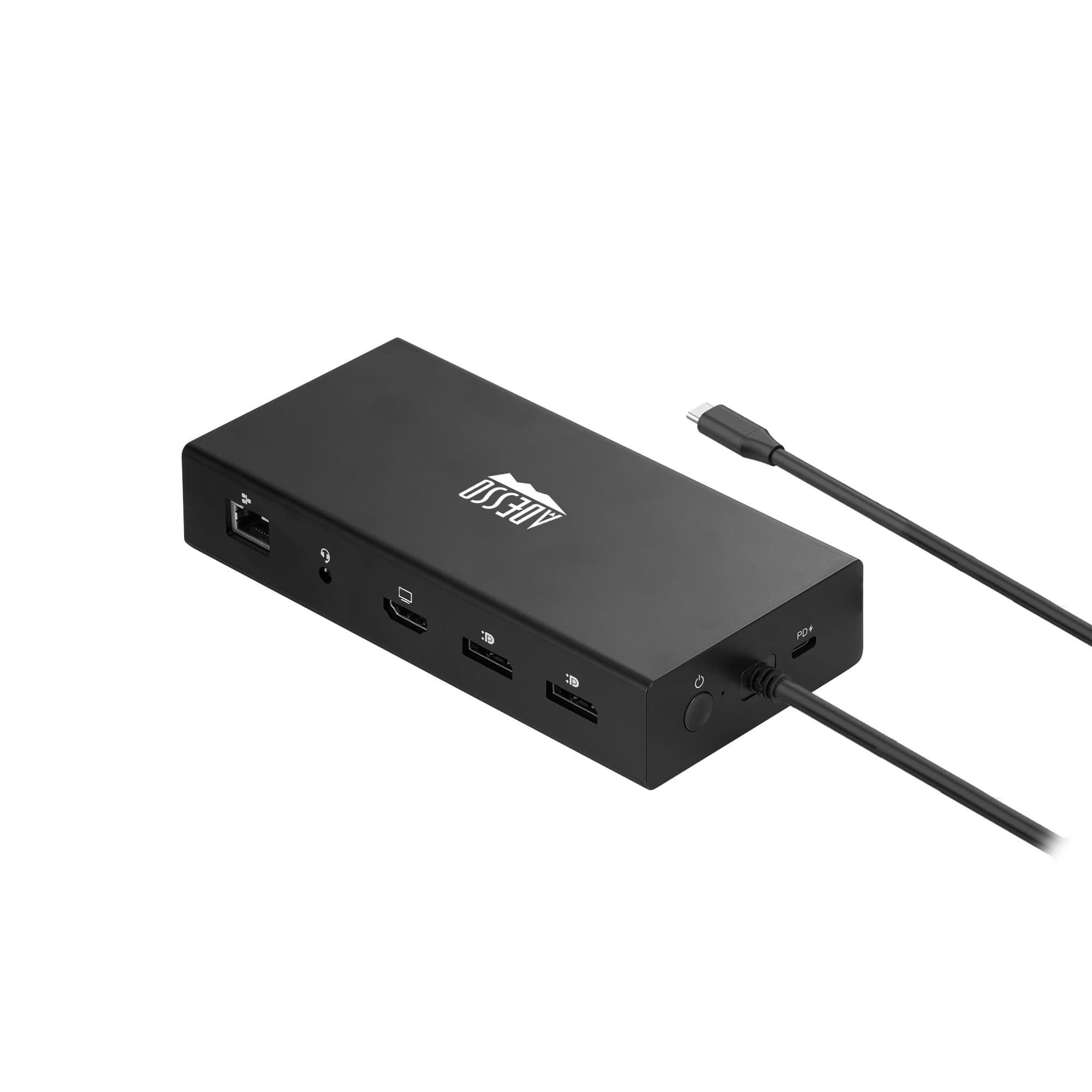 Black Adesso 9-in-1 USB-C multipoint docking station with dual DisplayPort, multiple USB ports, Ethernet, and a sleek design, featuring a connected USB-C cable.