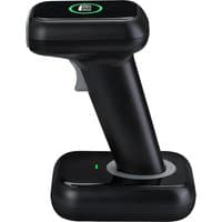 Black Adesso NuScan 2700R handheld barcode reader with 1D/2D CMOS sensor, ergonomic grip, and charging base.