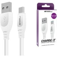 White 1m USB-A to MicroUSB cable with AdvancedAccessories branding, shown with packaging.
