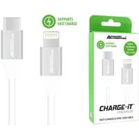 White USB-C to Lightning cable with silver connectors, green packaging, supports fast charge.
