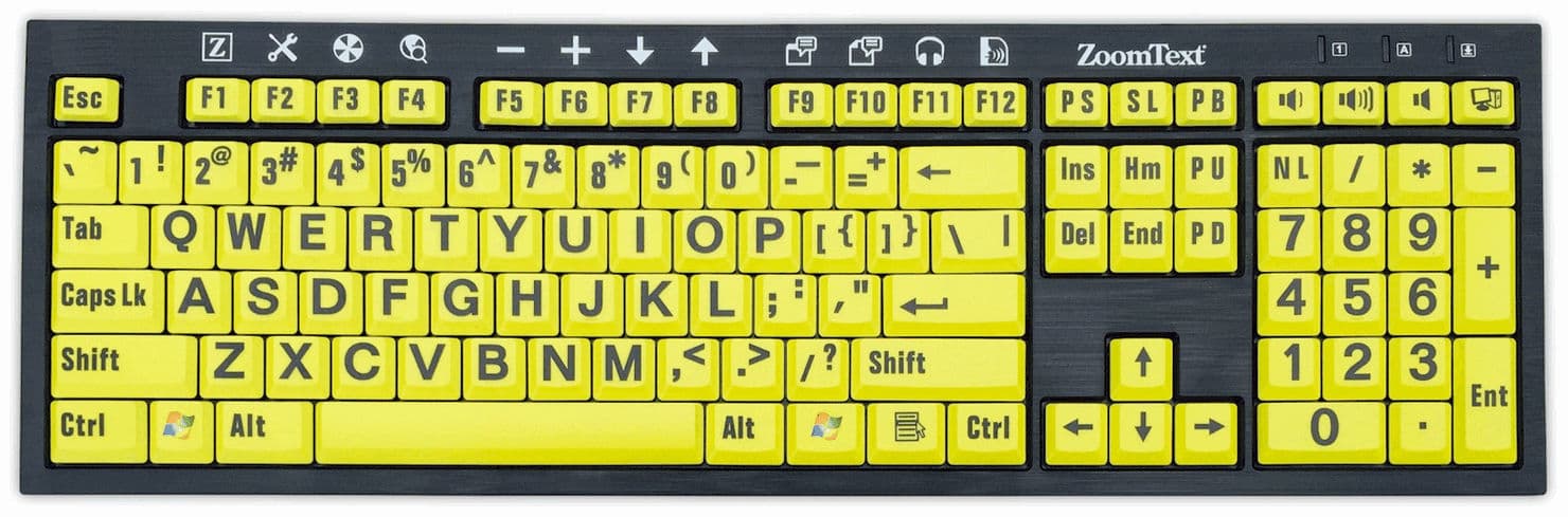 Black keyboard with bright yellow letters and symbols, featuring large, easy-to-read keys designed for accessibility, including function keys and navigation controls.