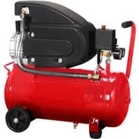Red Sirius air compressor with black motor housing, 2hp, 24-litre tank, handle, and wheels for portability.