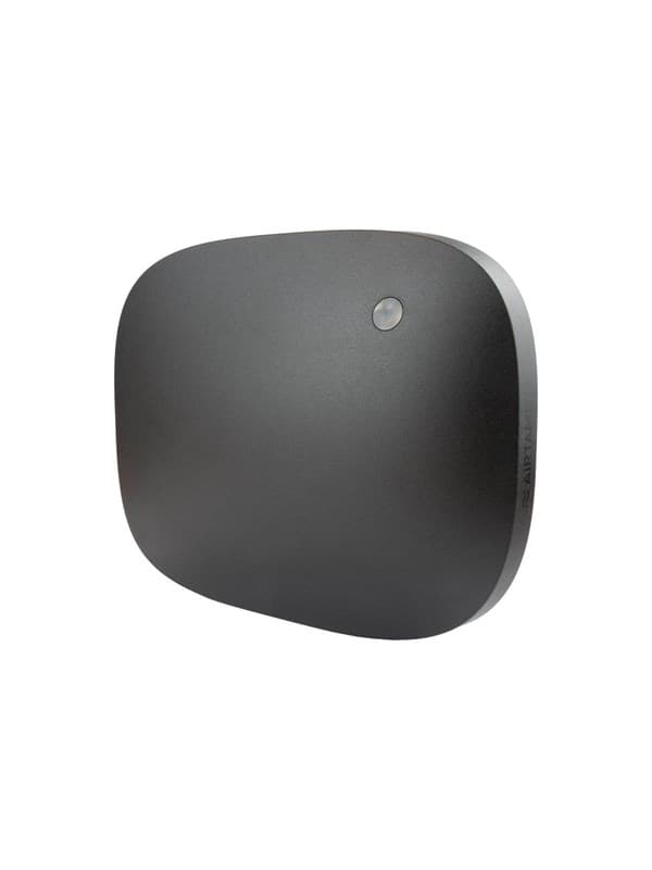 AIRTAME Hub + Core in a sleek black design with a rounded rectangular shape, featuring a small status light and designed for video/audio extension with Wi-Fi 5 support.
