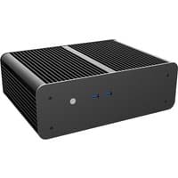 Black Akasa Mini Tower computer case with horizontal ribbed design and front USB ports.