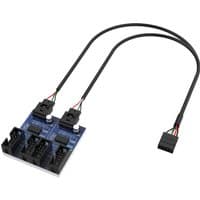 Multicolour Akasa interface hub with dual black cables, blue circuit board, and multiple connectors.