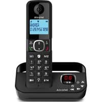 Black Alcatel F860 cordless phone with digital screen, keypad, and answer machine base with red LED display.