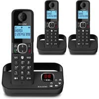 Black Alcatel F860 cordless phone trio with answer machine, digital display, and keypad, in charging bases.
