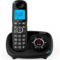 Black Alcatel XL595 cordless phone with blue backlit screen, large buttons, and black base with digital display.