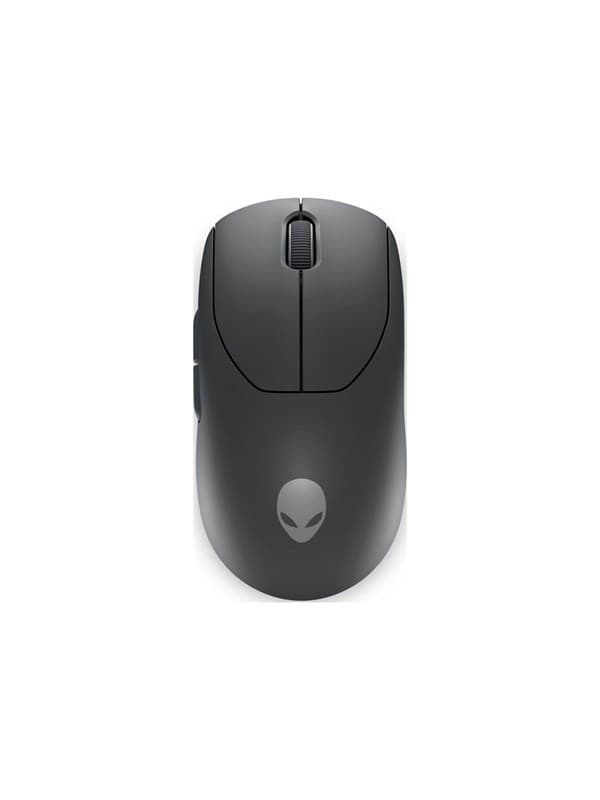 Black ambidextrous wireless gaming mouse featuring a sleek design, textured grip, scroll wheel, and the Alienware logo on the front.