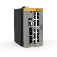 Allied Telesis AT-IE340-20GP-80 switch, gray with multiple Ethernet ports, black side panel, and orange top label.