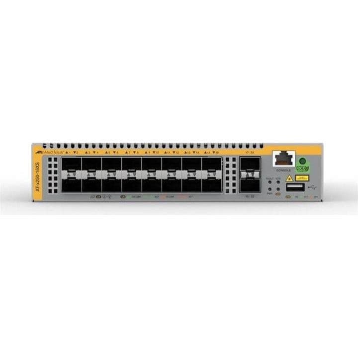 Allied Telesis X250 Series switch in gray and yellow, featuring multiple Ethernet ports, LED indicators, and a compact design for network connectivity.