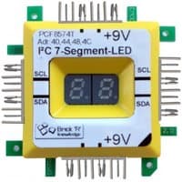 Yellow Allnet 113713 display with 7-segment LED, multiple pins, and labeled connections for SCL, SDA, and voltage.