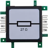 Square ALLNET ALL-BRICK-0502 resistor, 27 Ω, with green circuit board edges and metal pins on sides.