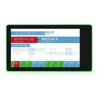 Black Allnet 10" meeting room display with green edge, showing schedule and time on screen.