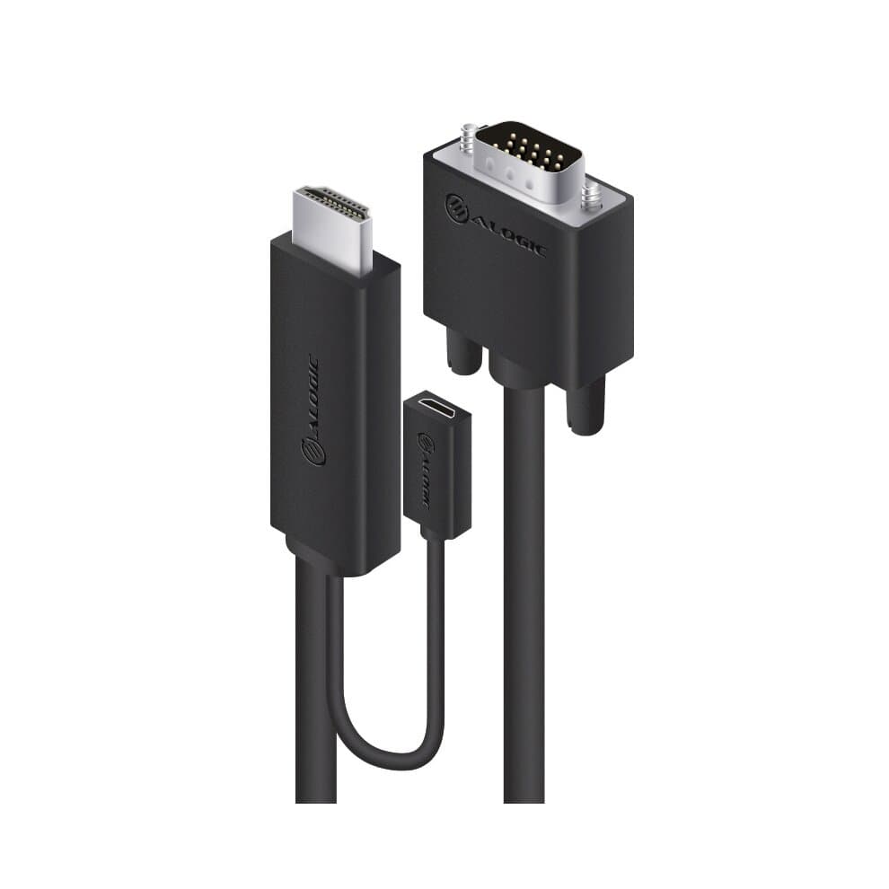 Black 2M HDMI to VGA cable with USB power connector, featuring a slim design and gold-plated VGA connector for enhanced signal quality.