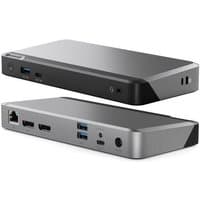 ALOGIC grey and black laptop dock with USB-C, USB 3.2 ports, HDMI, Ethernet, and audio jacks