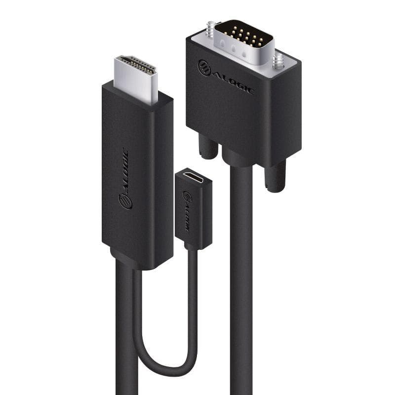 ALOGIC HDMI to VGA cable in black, 1m long, featuring a standard HDMI connector on one end and a VGA connector on the other, with a compact design for easy connectivity.