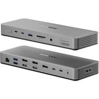 ALOGIC grey Thunderbolt dock with multiple USB ports, Ethernet, SD card slot, and ventilation holes on sides.