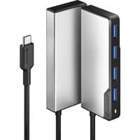 Black and silver ALOGIC USB-C hub with three USB 3.2 Gen 1 ports and 5000 Mbit/s transfer speed.