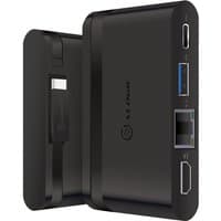Black ALOGIC USB-C travel dock with HDMI, USB 3.0, Gigabit Ethernet, and USB-C PD 100W ports.