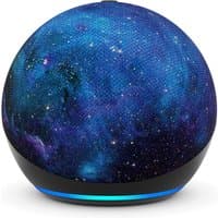 Amazon Echo Dot Kids 5th gen, spherical with a galaxy-themed fabric cover and glowing blue light ring.