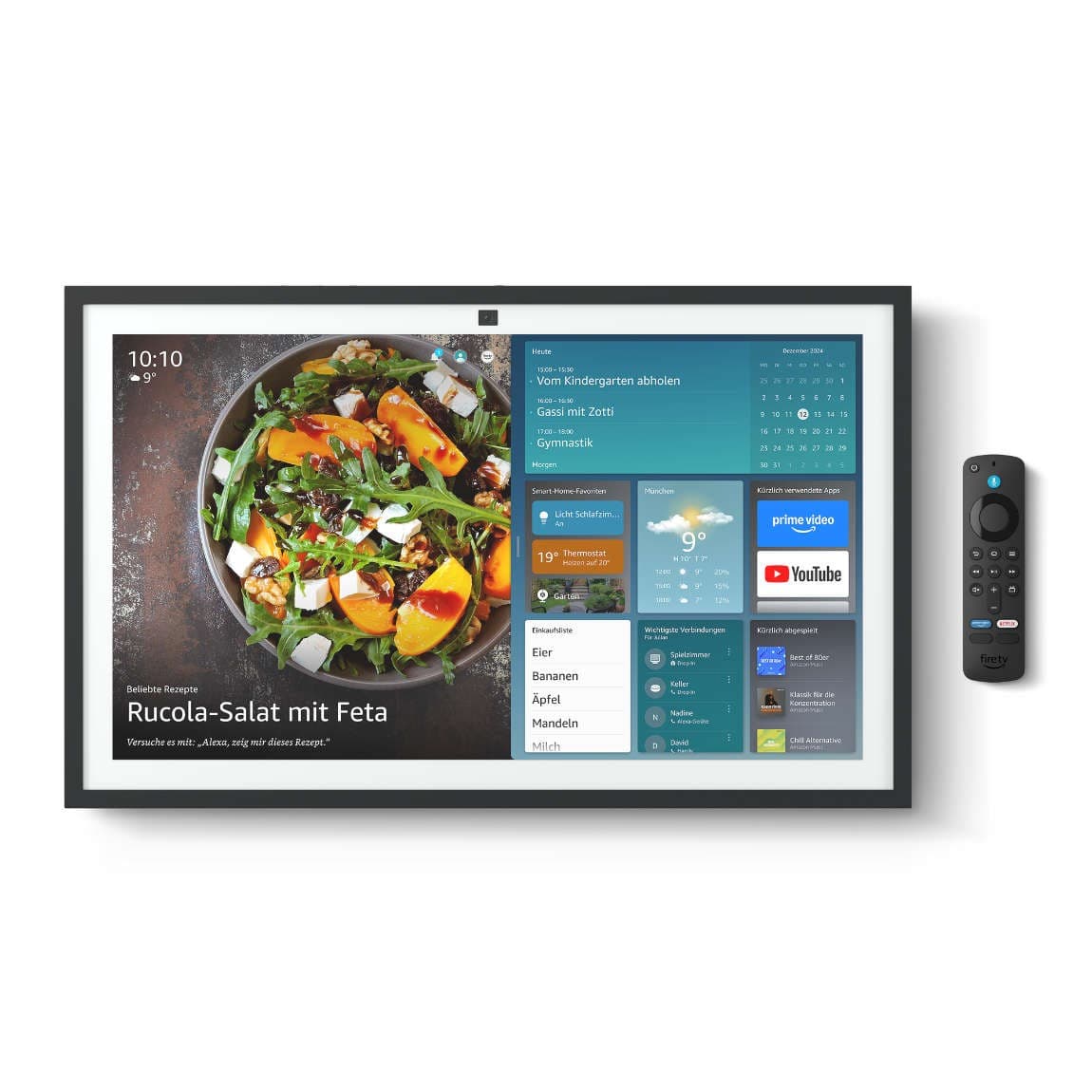 Black-framed Amazon Echo Show 21 features a vibrant display showing a salad and various app icons, accompanied by a remote control on the right.