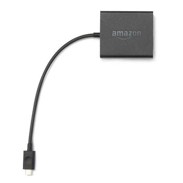 Black Amazon Ethernet adapter for Fire TV and Fire TV Stick, featuring a compact design with a short cable and a USB connector for direct connection to devices.