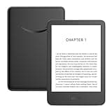 Black Amazon Kindle with glare-free display, showing text on screen, compact design, and rear Amazon logo.
