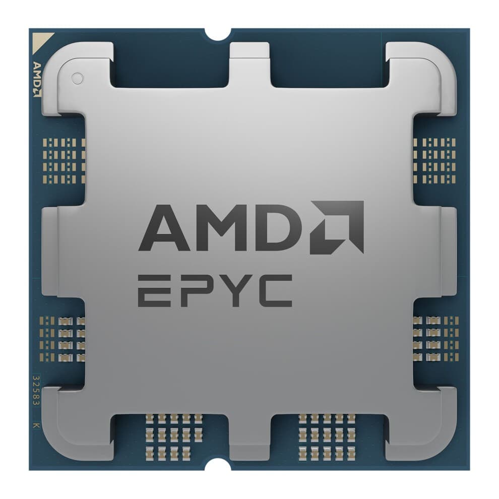 Silver AMD EPYC 4124P processor with a 3.8 GHz clock speed, featuring a large metallic surface and gold contact pins on a blue substrate.