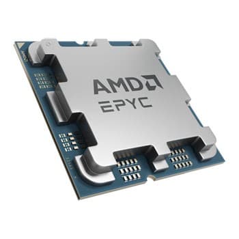 Silver AMD EPYC 4584PX processor with a blue base, featuring a prominent AMD logo and multiple pins for socket connectivity, designed for high-performance computing.