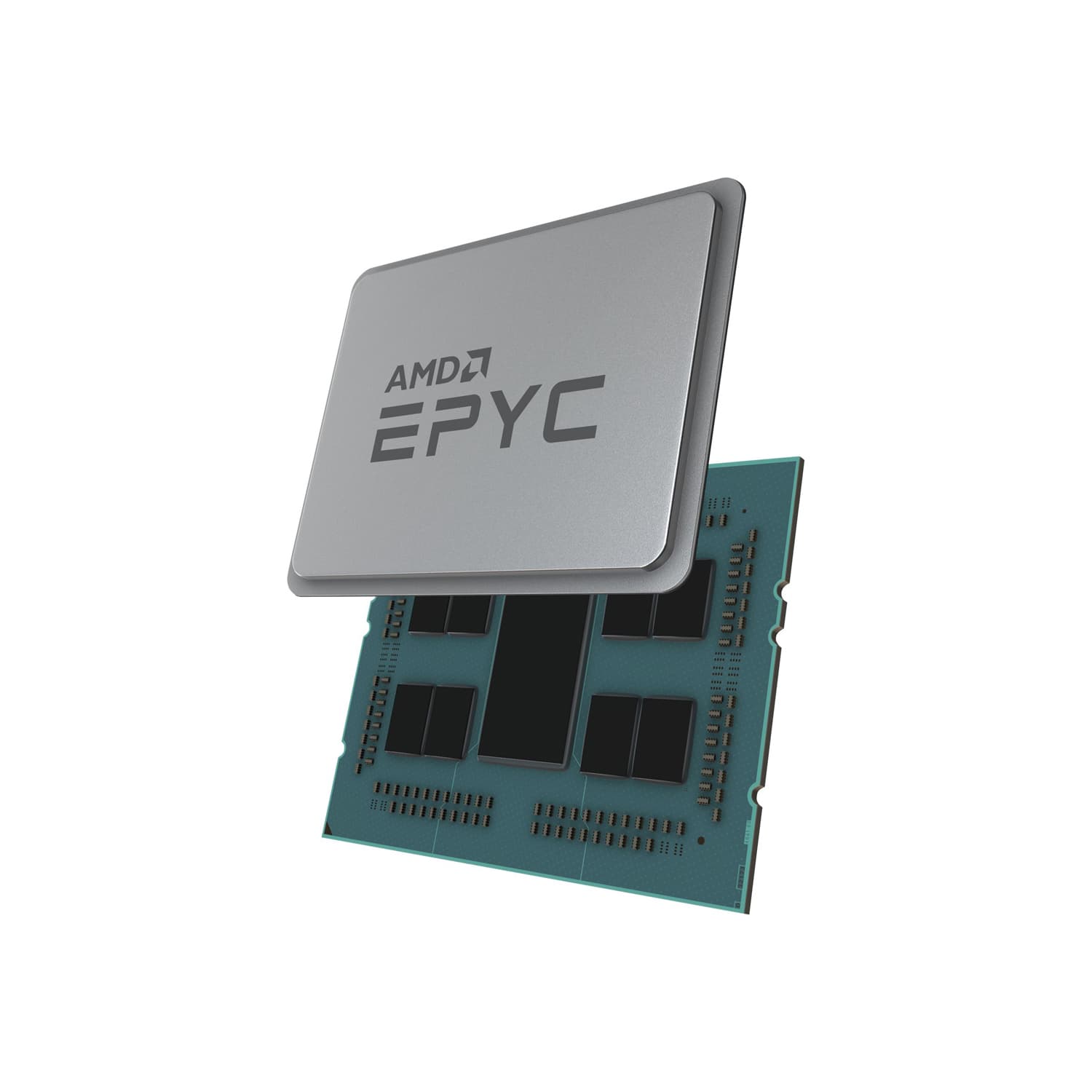 Silver AMD EPYC 7352 CPU with a rectangular shape, featuring a prominent logo on the top and a green circuit board with multiple black chips underneath.