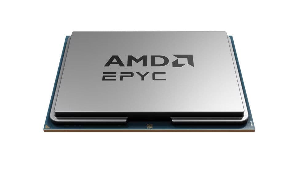 Silver AMD EPYC processor with a sleek design, featuring the AMD logo and "EPYC" text, mounted on a blue circuit board.