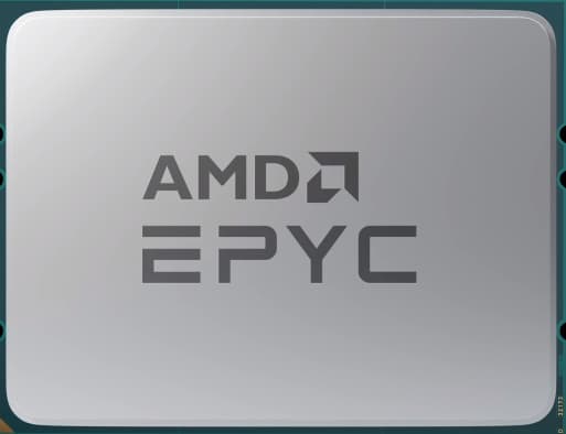 Silver rectangular processor with a smooth surface, featuring the AMD logo and "EPYC" text prominently displayed in dark gray.