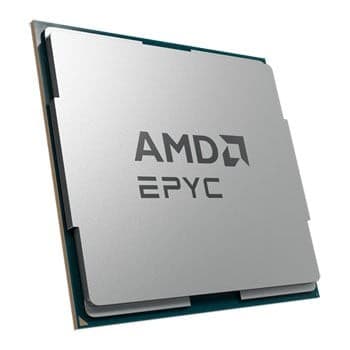 Silver square processor with "AMD EPYC" logo, featuring a green base and metallic finish, indicating a 3.55 GHz speed and 256 MB L3 cache.