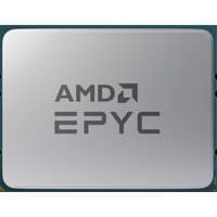 Silver AMD EPYC 9374F processor with engraved logo, rectangular shape, and visible pins on the underside.