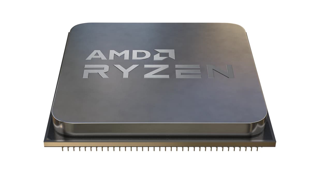 Silver and gray AMD Ryzen 5 5600G processor with a sleek, metallic finish, featuring engraved "AMD" and "RYZEN" logos, and a grid of pins on the underside.