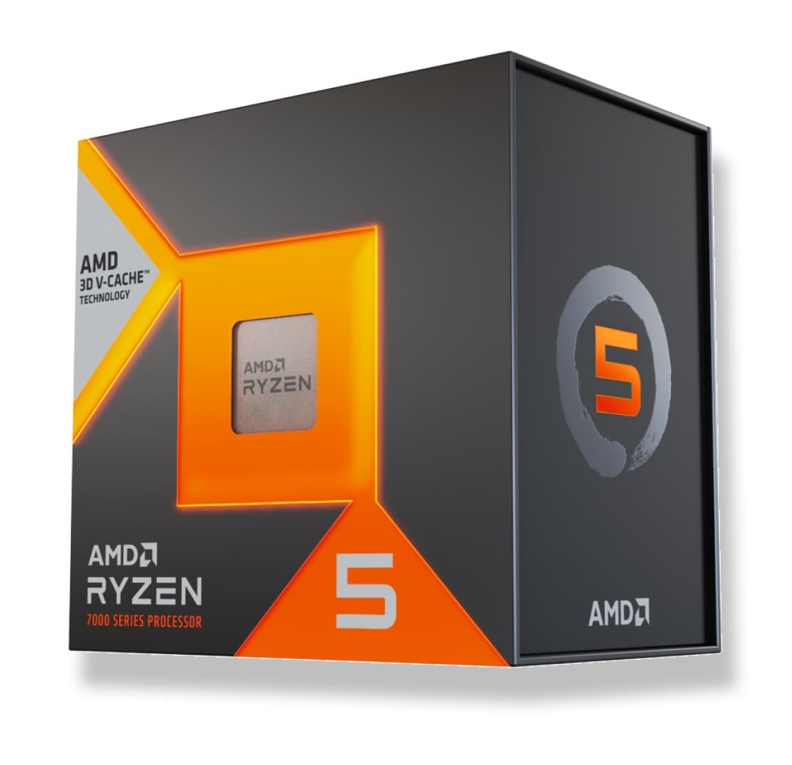 AMD Ryzen 5 7500X3D processor packaging features a sleek black box with orange accents, showcasing the processor inside and highlighting "3D V-Cache" technology and "5" logo.