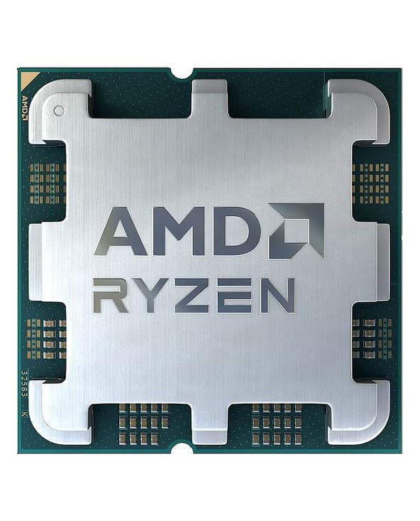 Silver-colored AMD Ryzen 5 7600X3D processor with a 4.1 GHz clock speed and 96 MB L3 cache, featuring a square design and engraved logo on the top surface.
